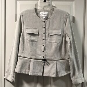 CAbi White and Light Gray Textured Convertible Peplum Jacket